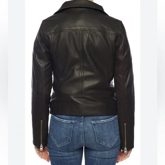 AllSaints Bales Leather Biker Jacket Black Lamb Leather Asymmetric Zip – US 0 - Picture 7 of 10